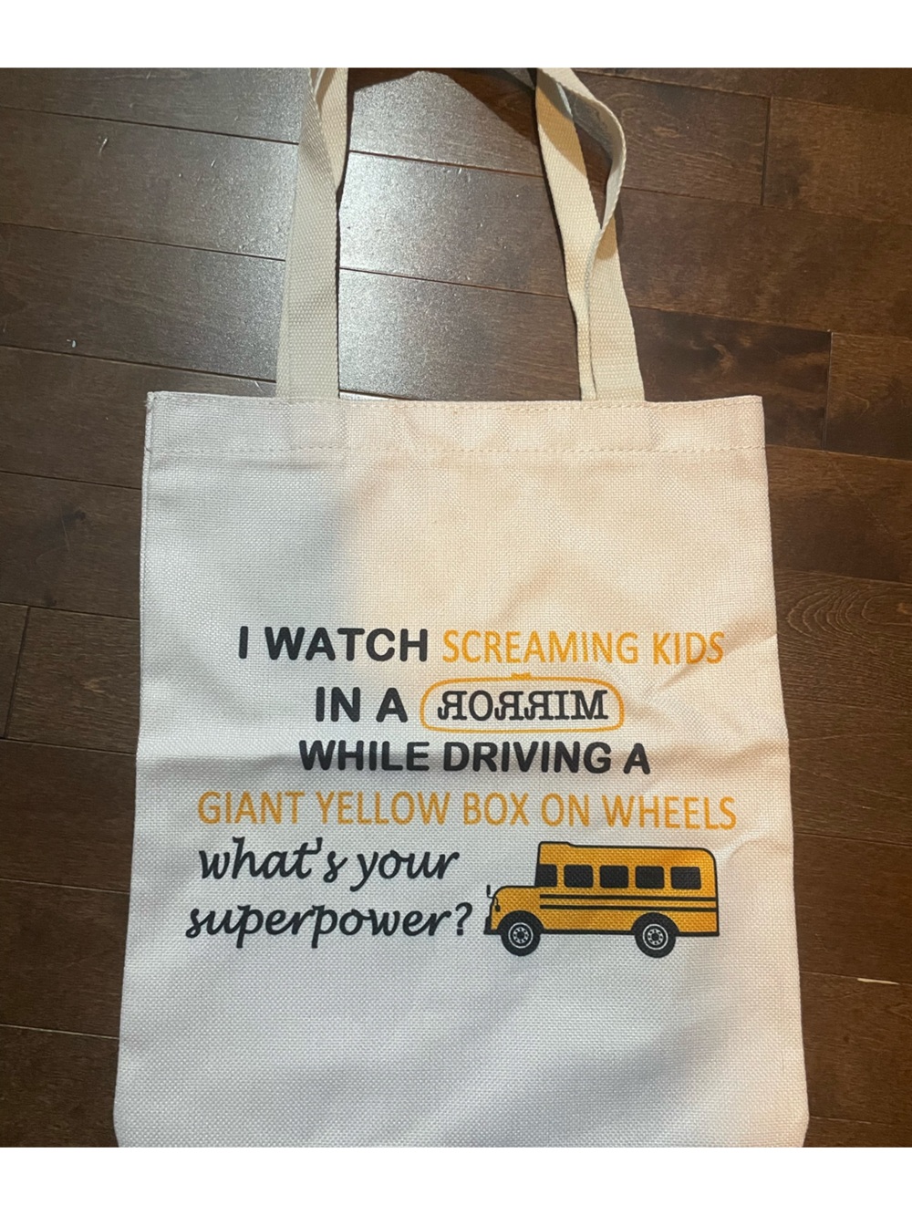Canvas Tote Bag with Yellow School Bus Graphic